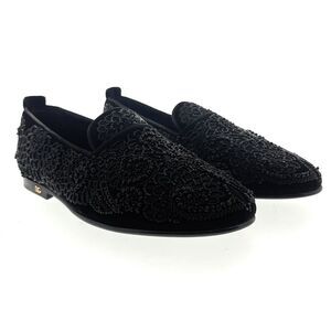 Dolce & Gabbana Men's Black Velvet Loafers with Beaded Lace Detailing
-EU40